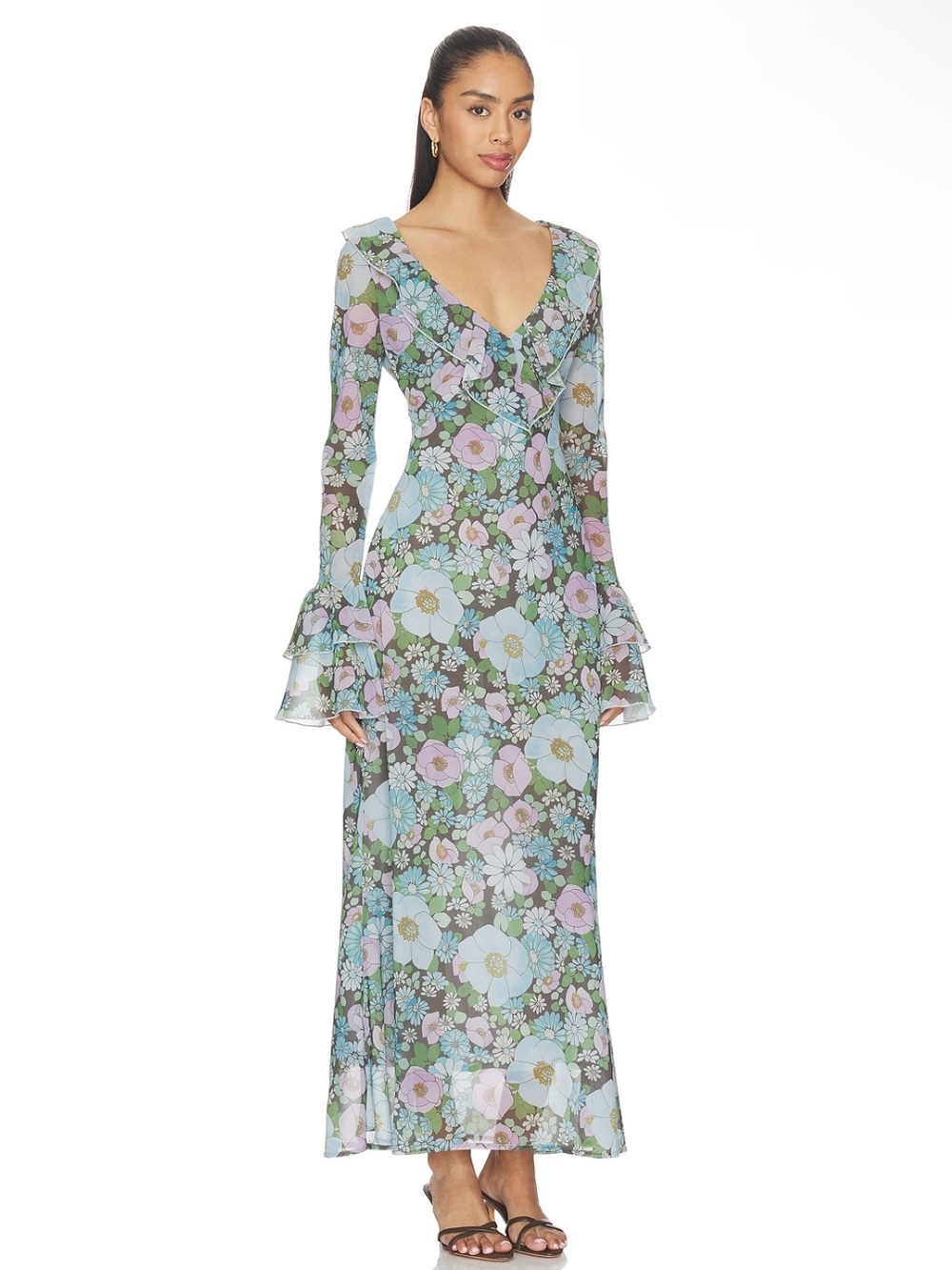 Sister New York Shellona Maxi Ruffle Bell Sleeve Dress in Vintage Floral Medium - Picture 9 of 16